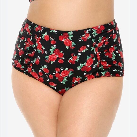 Hot topic roses and skulls high waisted bikini bottoms ruched mesh lattice sides - Picture 2 of 7